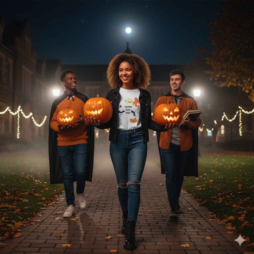 Spooky Haunted Party Vibes Tee Unisex College Tee The Halloween Shirt for College Nights & Campus Parties