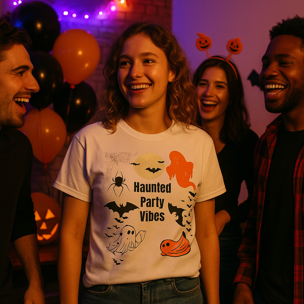 Spooky Haunted Party Vibes Tee Unisex College Tee The Halloween Shirt for College Nights & Campus Parties