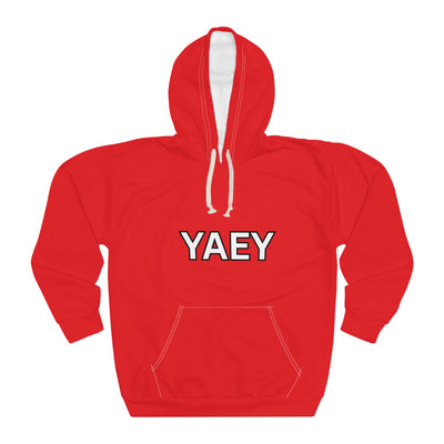 Red hoodie with 'YAEY' text on a white background