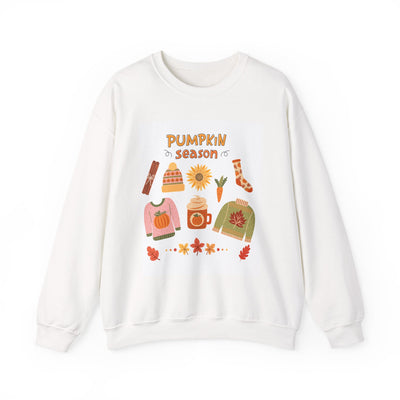White sweatshirt with 'Pumpkin Season' graphic on a white background