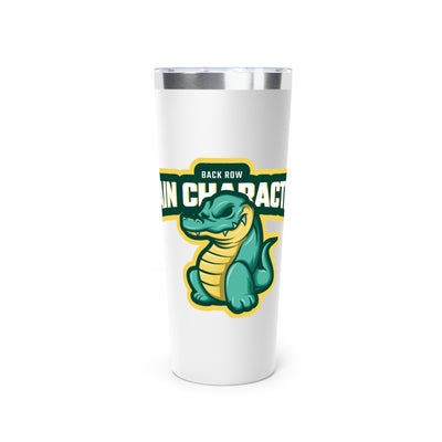White tumbler with a green alligator graphic and text on a white background