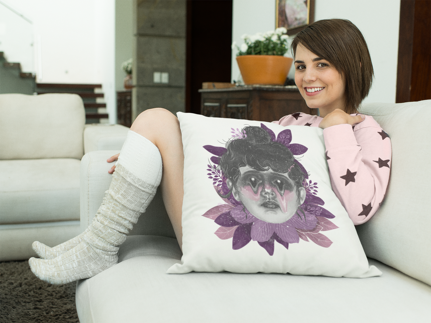 Artistic Decorative Pillow, Boho Home Decor, Unique Accent Cushion, Gift for Mom, Sofa Pillow with Floral Design