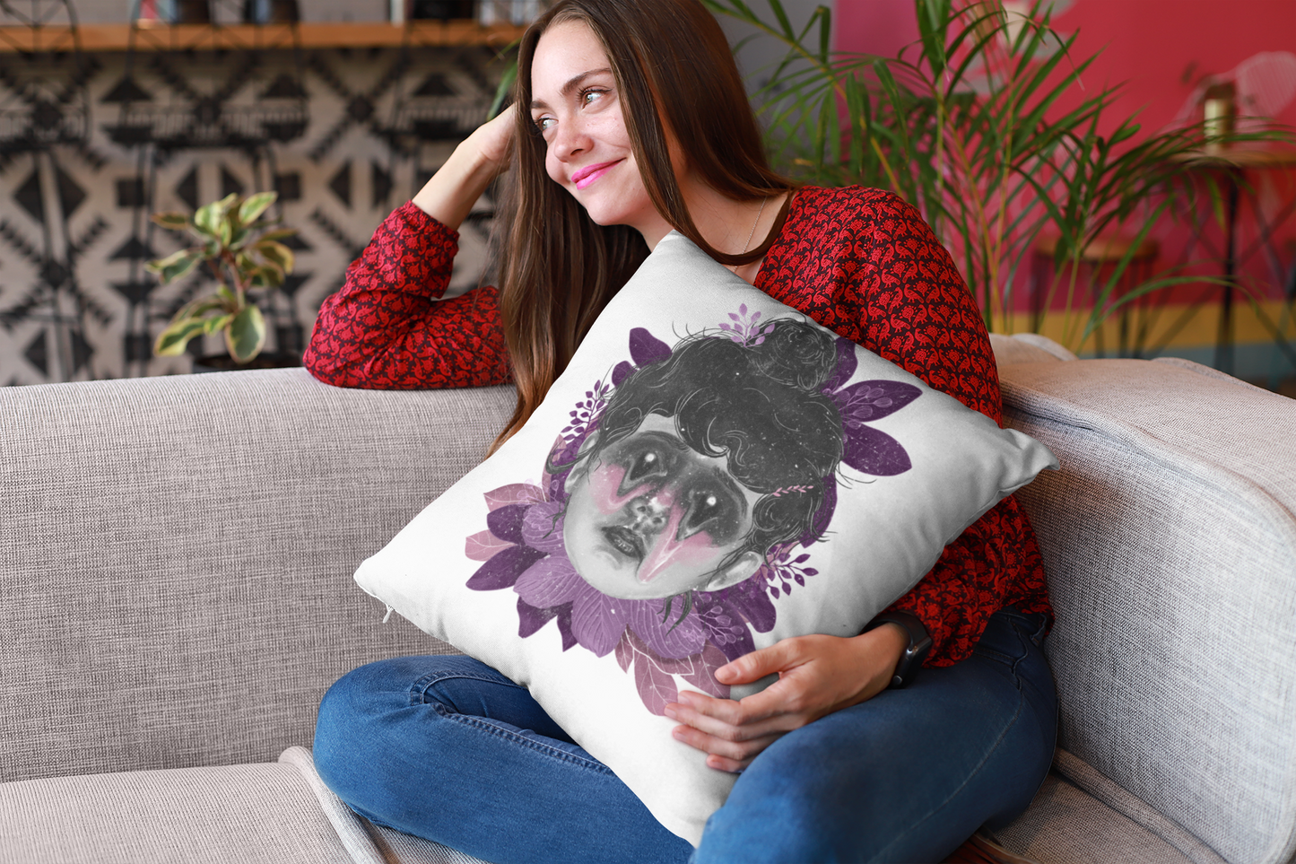 Artistic Decorative Pillow, Boho Home Decor, Unique Accent Cushion, Gift for Mom, Sofa Pillow with Floral Design