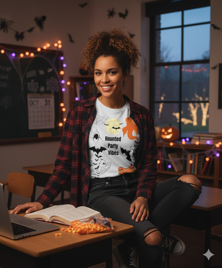 Spooky Haunted Party Vibes Tee  Unisex College Tee The Halloween Shirt for College Nights & Campus Parties
