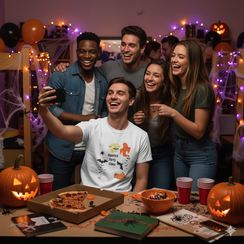 Spooky Haunted Party Vibes Tee  Unisex College Tee The Halloween Shirt for College Nights & Campus Parties