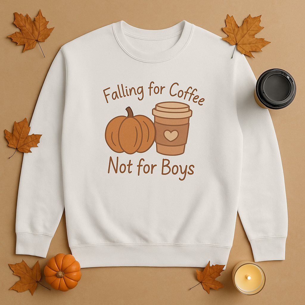 White sweatshirt with 'Falling for Coffee Not for Boys' text and pumpkins on a beige background with autumn leaves and a coffee cup.