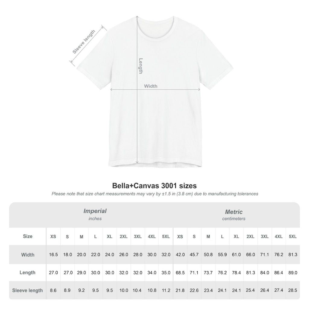  Size chart for the Bella+Canvas 3001 t-shirt, showing width, length, and sleeve length measurements in both inches and centimeters for sizes XS to 5XL.