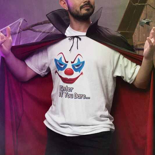 Man styling the "Enter If You Dare..." clown t-shirt as part of a vampire Halloween costume in front of a bookcase.