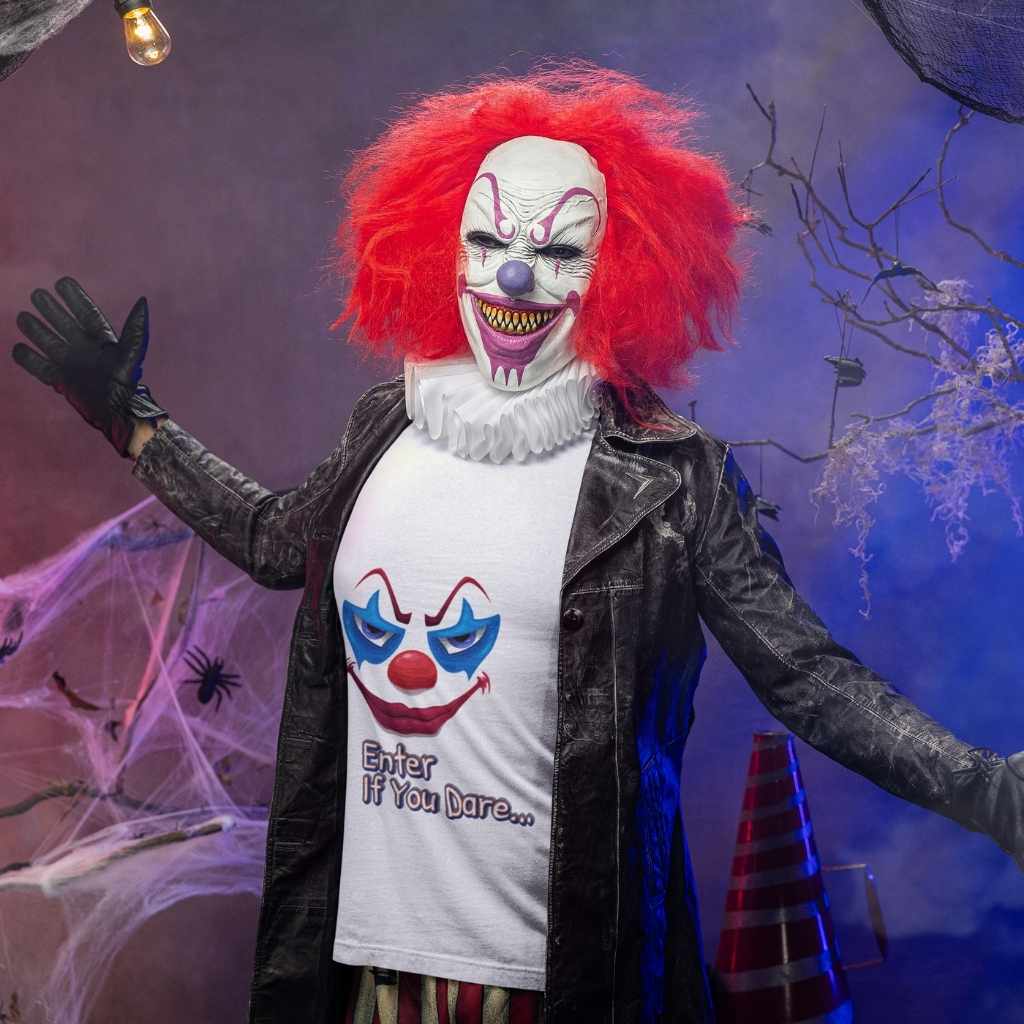 Model wearing a spooky Halloween clown costume with a white graphic tee that reads "Enter If You Dare...".