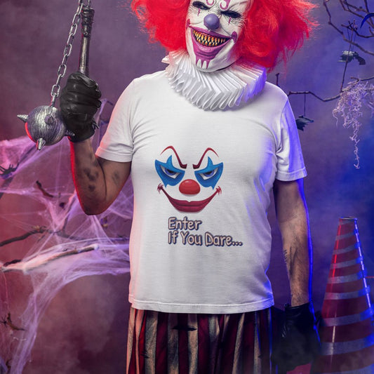 Model in a full scary clown costume with a red wig and mace, wearing the white "Enter If You Dare..." graphic t-shirt.