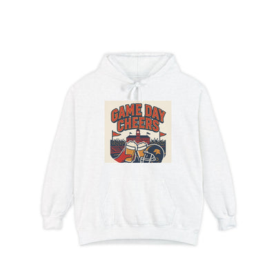 White hoodie with 'Game Day Cheers' graphic on a white background