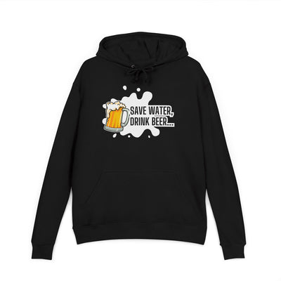 Black hoodie with a graphic of a beer mug and text 'Save Water, Drink Beer' on a white background