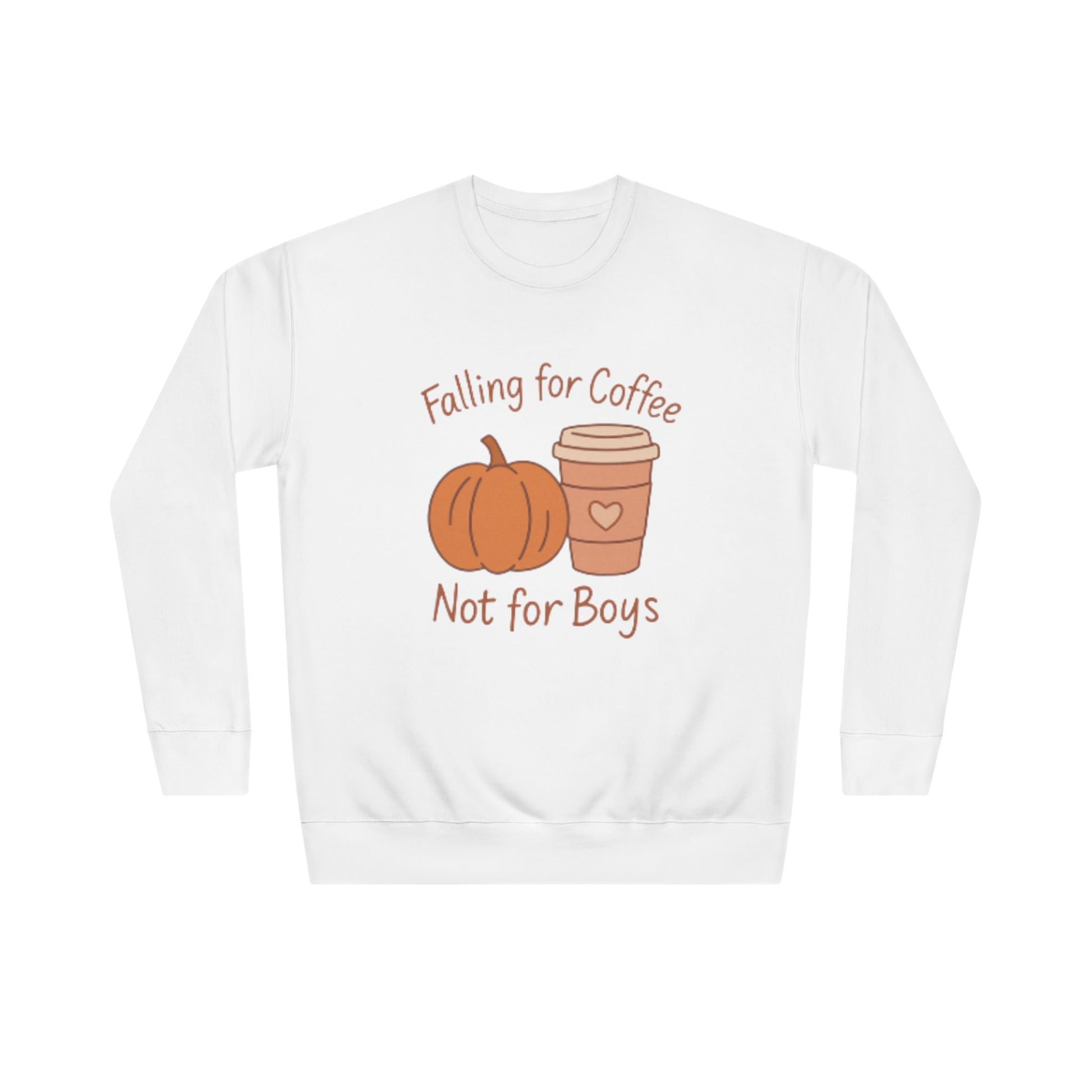 White sweatshirt with pumpkin and coffee cup graphic and text on a white background
