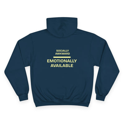 Navy blue hoodie with yellow text 'SOCIALLY AWKWARD EMOTIONALLY AVAILABLE' on a white background